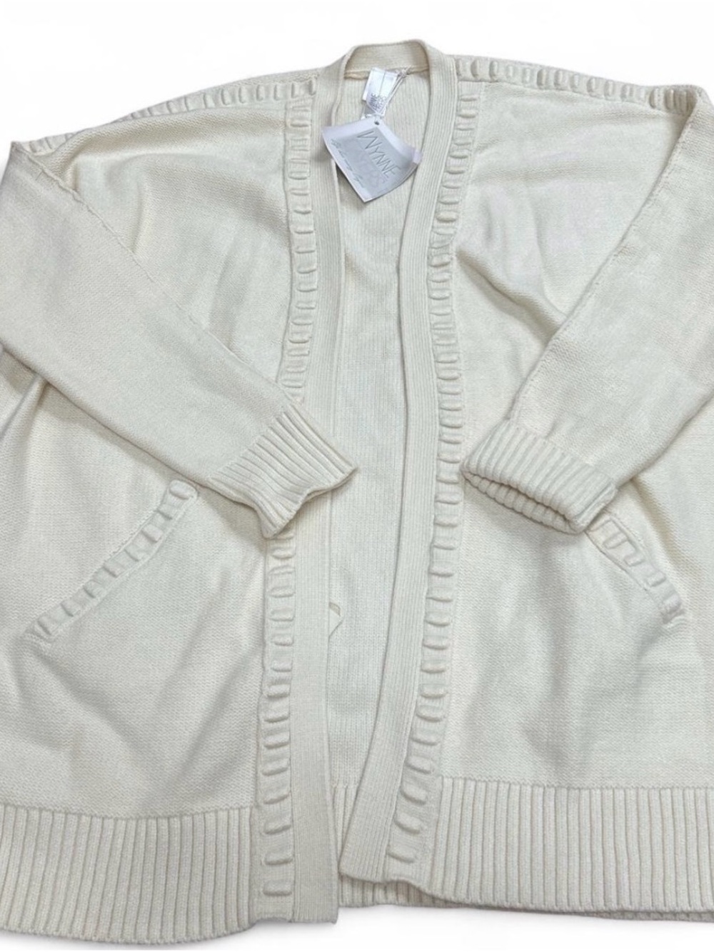 Ivory Open-Front Ribbed-Trim Cardigan Sweater